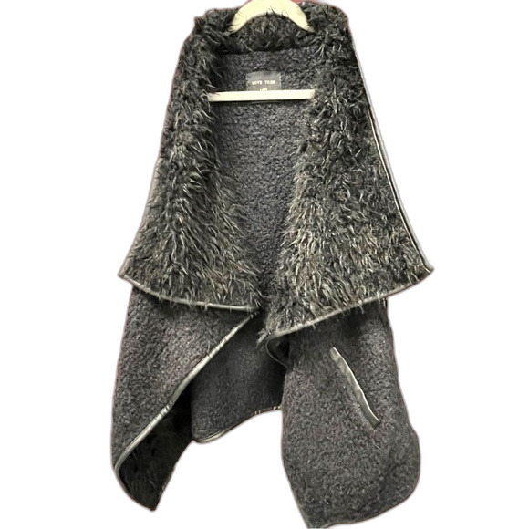 SHERPA Faux Fur Draped Open Front with Pockets LOVE TREE COZY VEST Black Lg - Picture 1 of 11